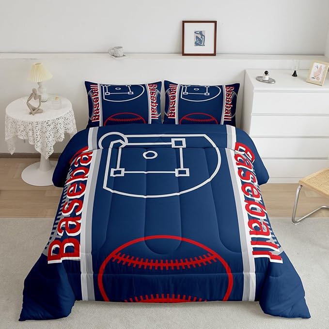 Feelyou Baseball Print Bedding Set Full Size Sports Game Comforter Set for Kids Boys Girls Decor Baseball Gaming Comforter Microfiber Ball Duvet Set Bedroom Quilt Set