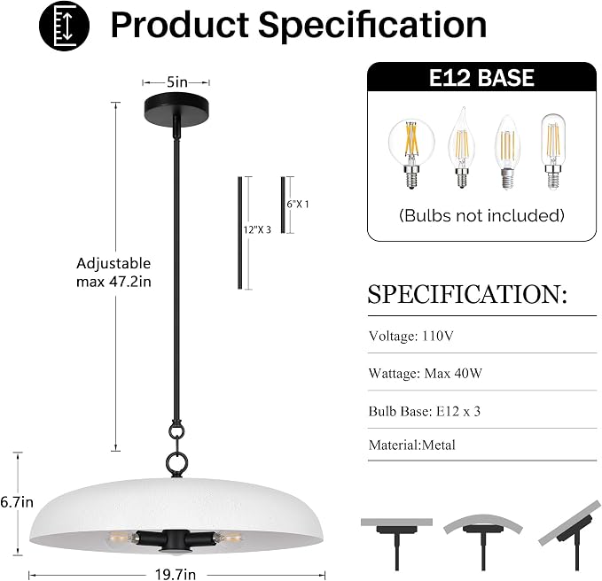 LamQee 20 Inch Oversized Large Pendant Lights, 3-Lights Textured White Modern Dome Chandelier, Rustic Metal Pendant Lighting Fixture Ceiling Hanging for Kitchen Island, Dining Room Over Table, Bar