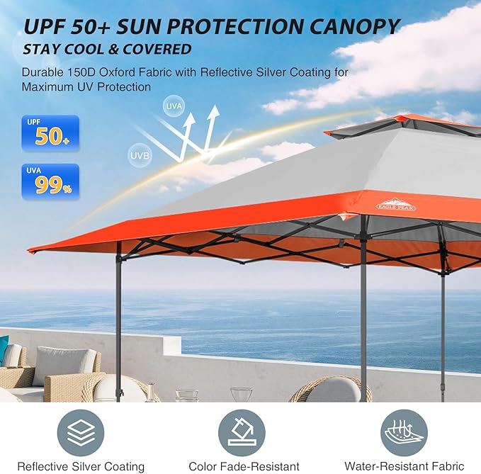 EAGLE PEAK 13x13 Straight Leg Pop Up Canopy Tent Instant Outdoor Canopy Easy Single Person Set up Folding Shelter w/Auto Extending Eaves 169 Square Feet of Shade (Orange)