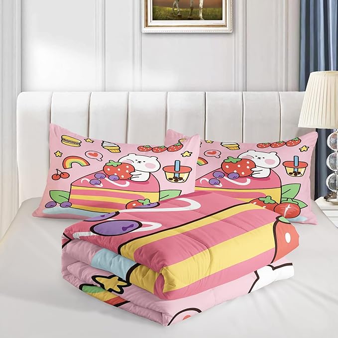 Kawaii Bear Comforter Queen,Pink Bear Comforter Set for Kids Teens Girls,3Pcs Bedding Set Printed Comforter with 2 Pillowcases,Down Alternative,Soft and Lightweight，Queen Size