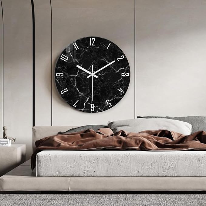 Oversized Decorative Clocks Battery Operated 24 Inch Marble Black Wall Clock for Office Round Non Ticking Wall Clock Silent