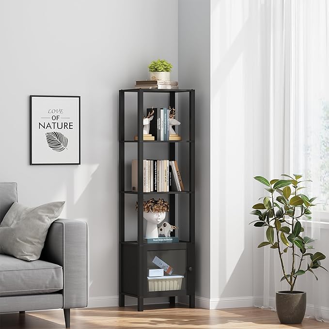 TUTOTAK 5 Tier Bookcase and Bookshelf, Narrow Book shelf with Door for Small Space, for Living Room, Office, Study, Entryway, Black BS03BK005