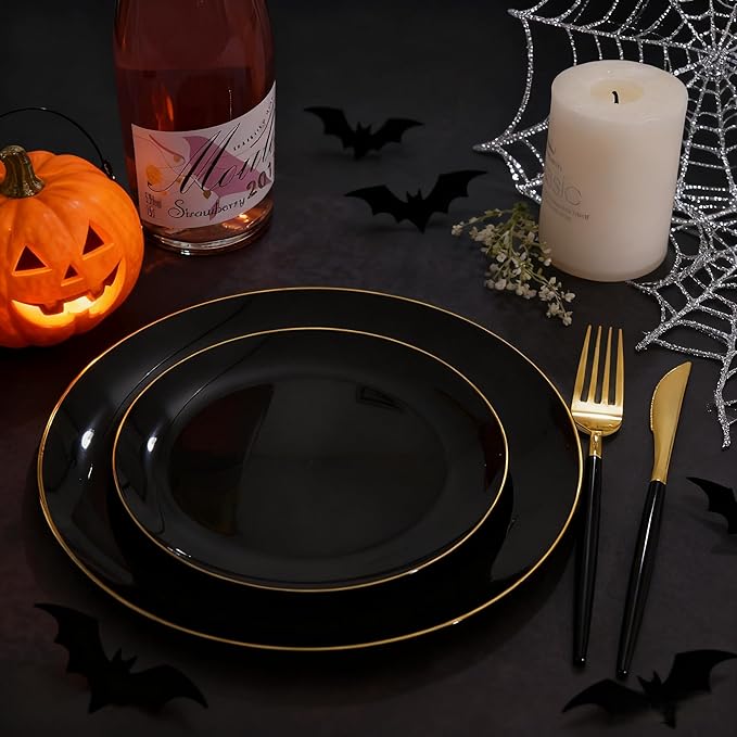 KIRE 60PCS Black Plastic Plates - Black Disposable Plates with Gold Rim for Halloween Party/Graduation - Include 30Pcs 10.25inch for Dinner and 30Pcs 7.5inch for Dessert