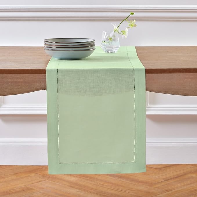 Solino Home Linen Hemstitch Table Runner 108 Inches Long - 100% Pure Linen Light Green Table Runner 14 x 108 Inch - Classic Hemstitch