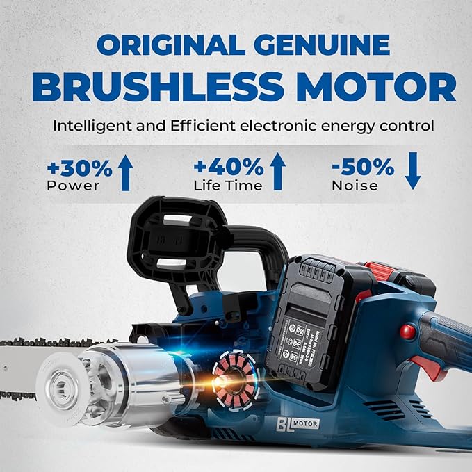Dong Cheng Brushless Cordless Chainsaw 16 Inch, 40V Battery Chainsaw with Tool-Free Chain Tensioning, Instant-Stop Chain Brake, Includes 2 × 4.0Ah Batteries & Charger, Ideal for Tree & Wood Cutting