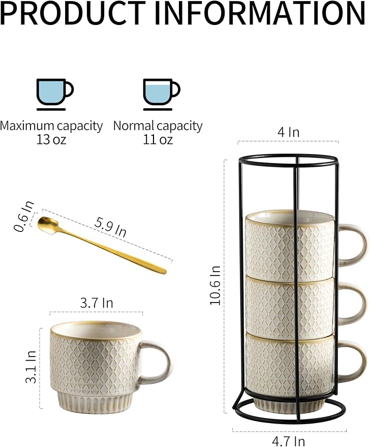 Gomakren Coffee Mugs Set of 4 Ceramic Coffee Cup with Stand, Creamy White | 13oz Stackable, Embossed Grid Mugs, Black Metal Rack, Lead-Free Dishwasher Safe, with Gold Spoons for Home Coffee Bar
