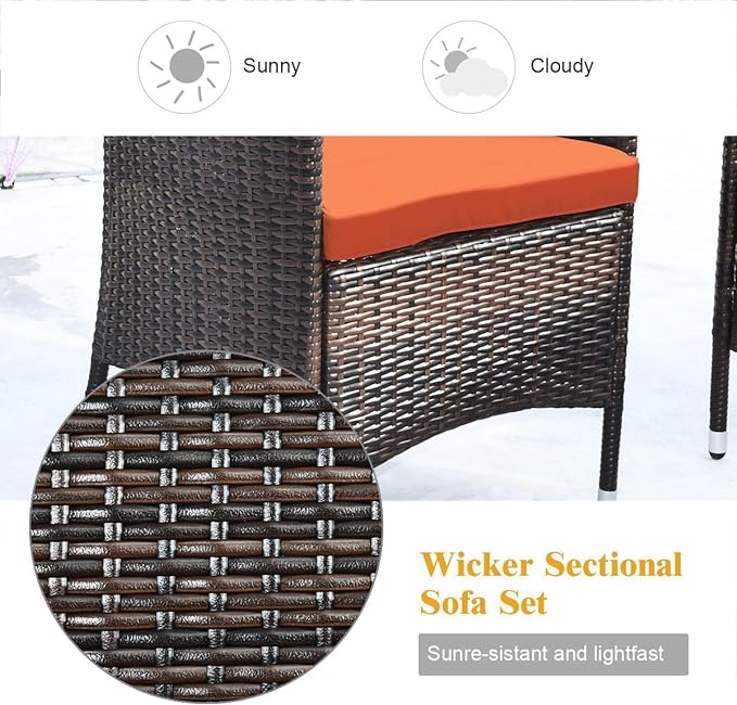 Goplus 4-Piece Rattan Patio Set, Outdoor/Indoor Wicker Conversation Set for Pool, Backyard, Lawn, Wicker Chairs and Sofa with Soft Cushion, Rattan Furniture with Tempered Glass Coffee Table