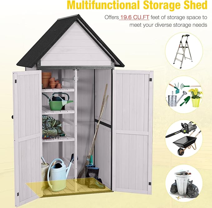 Outdoor Storage Shed,Vertical Wooden Tool Shed with Waterproof Roof,Adjustable 3 Tiers Shelves,Storage Tool Cabinet Box with Metal Frame Sloped Roof for Backyard Garden Patio Lawn (Off White)