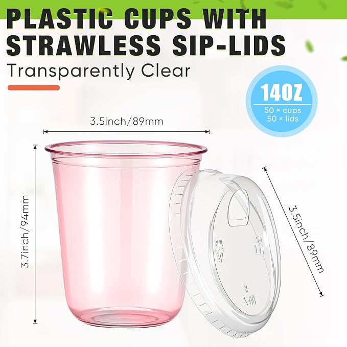 Ziliny 50 Sets Clear Plastic Coffee Cups with Sip Lids, Disposable Plastic PET Crystal Cups for Iced Coffee, Smoothie, Cold Beverage, Drink Shops and Party Catering (Clear Pink,14 oz)