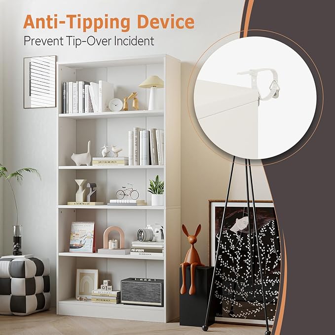 5-Tier Bookshelf, Wood Display Storage Shelves 67.3" Tall Bookcase Open Bookshelf for Home Office, Living Room and Bedroom,White