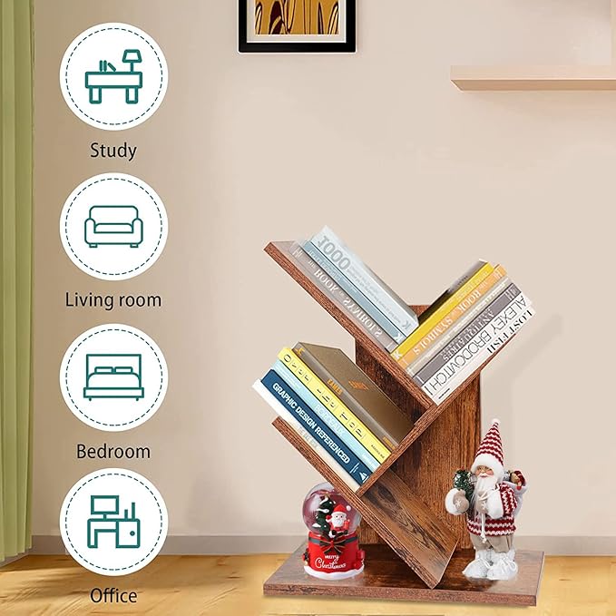 Tree Bookshelf, 3-Tier Small Book Storage Organizer Shelves Floor Standing Bookcase, Wood Storage Rack for Office Home School Shelf Display for Cd/Magazine(Rustic Brown)