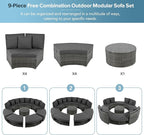9-Pieces Outdoor Patio Furniture Set, Rattan Wicker Circular Sectional Sofa with Storage, Tempered Glass Table and 6 Pillows, Garden Lawn Half Moon Conversation Couch, Grey