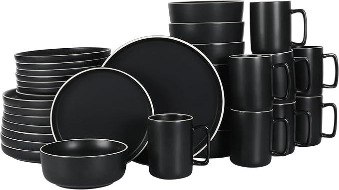 Gibson Home Zuma Nuevo 32 Piece Plates, Bowls, and Mug (Service for 8) Dinnerware Set - Black