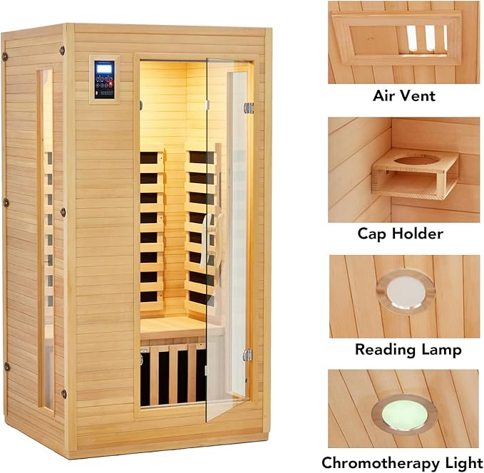 1 or 2 Person Sauna, Low EMF 6 Heating Plate Infrared Physical Therapy Wooden Dry Steam Sauna with MP3 Auxiliary Connection, Dual Controls, Iron Shirt Wall Plate, Home Spa Day Use, Winter Gift