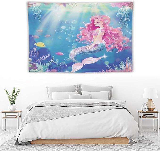 HZOHNAGO Mermaid Girls Tapestry Watercolor Mermaid Princess Pink Hair Pattern for Kids Room Decoration Printed Wall Tapestry Wall Hanging for Bedroom Living Room Dorm 90" W x 60" H