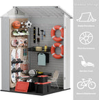 Devoko 4x4 FT Outdoor Shed, Compact & Secure Plastic Resin Storage with Lockable Door, Features Built-in Floor & Window for All-Weather Garden, Patio, and Poolside Organization, Light Gray
