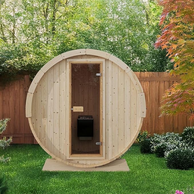 EuroSauna 2-Person Outdoor Barrel Sauna with Shingles, Lighting, & 6kW Harvia Sauna Heater, 81x59