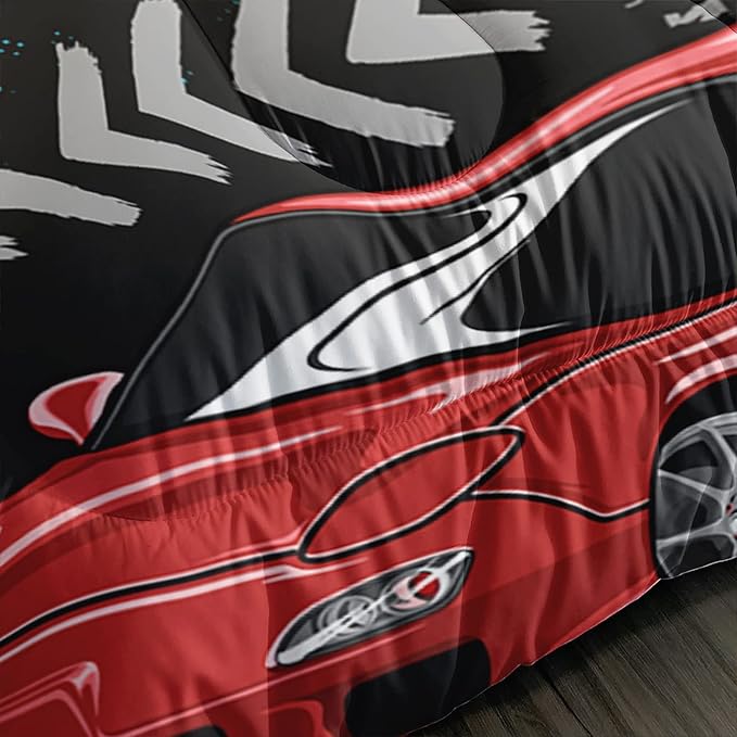Axolotl Car Comforter Set Queen Size,Cool Speed Race Car Comforter for Kids Boys Girls Teens Bedroom,Extreme Sport Quilt Duvet 1 Comforter 2 Pillowcase Car Racing Gifts,Blue Red Orange