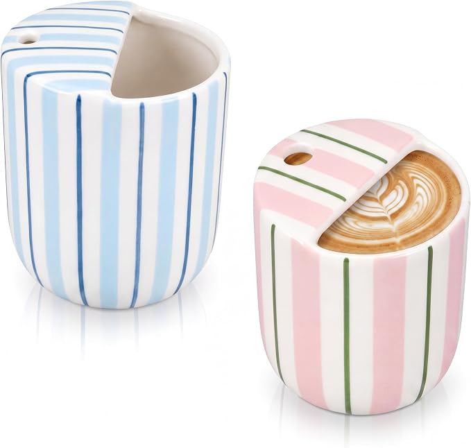 2 Pack Ceramic Mug with Sip Hole 10 oz Stripes Pattern Espresso Cup Coffee Mug Hand Painted Ceramic Cup Pink and Blue Heat Resistant Non Slip with Built in One Lid Handcraft Gift