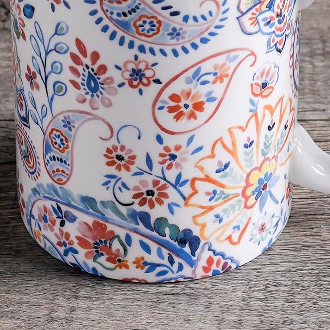 Maison d' Hermine Coffee Mug with Handles Tea Cups (12 Ounce, Pack of 1) | Fine Bone China Coffee Mugs for Hot Beverages Cappuccino Latte Home Restaurant Hotel Spring Summer -Indian Floral - Paisley