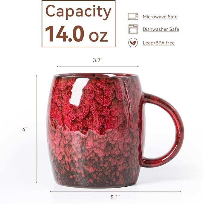 Rustic Red Ceramic Coffee Mug 14oz - Handcrafted Artisan Mug with Comfortable Handle, Unique Design for Coffee Lovers, Dishwasher Safe