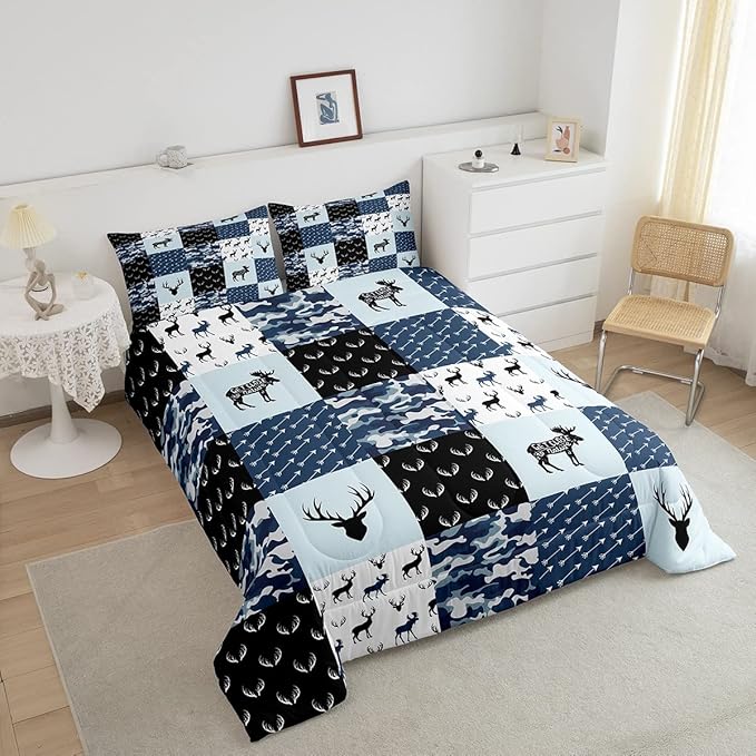 Cute Deer Comforter Set King, Military Camo Bedding Set for Kids Boys Girls Teens Bedroom Tribal Animal Antlers Silhouette Quilted Comforter Checkered Plaid Arrows Bedding Comforters, Army Blue&White
