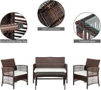 Outvita 4 Pieces Patio Furniture Set, Rattan Conversation Sets with Loveseat Soft Cushion and Glass Table for Garden Backyard Balcony Porch Poolside (Brown)