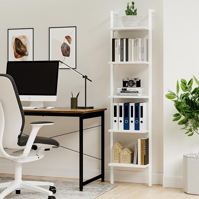 NUMENN Industrial Ladder Shelf, 5 Tier Book Shelf, Open Space Wall Mount Bookshelf with Metal Frame, Sturdy Book Shelves, Bookcase for Living Room, Home Office, White