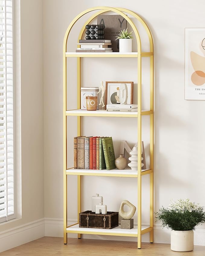 Yusong Bookshelf 4 Tier Arched Bookcase, 71.3" Tall Industrial Open Book Shelves for Living Room, Modern Freestanding Display Shelving Storage Rack Metal Frame, Office, Bedroom,Gold White