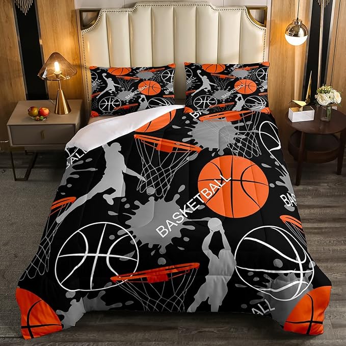 Basketball Bedding Set Tie Dye Down Comforter Passionate Sports Games Comforter Set for Kids Boys Man Jumping Up Shooting Action Quilt Set with 1 Comforter and 1 Pillow Case Twin Size Orange Black