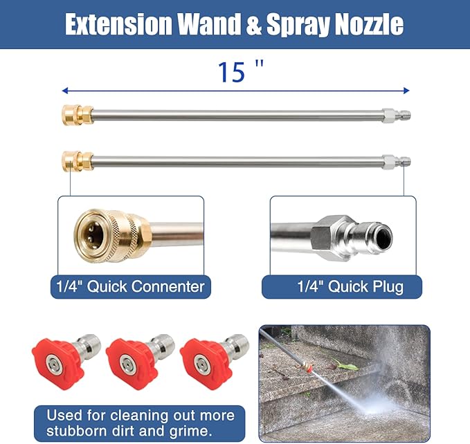 janz 14" Pressure Washer Surface Cleaner with 4 Wheels, Stainless Steel Housing, 1/4" Quick Plug, 2 Extension Wands, 2 Replacement Nozzles and 3 Spray Nozzles, 4000 PSI