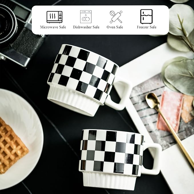 Miamolo Stackable Coffee Mug Set of 4 with Rack and Spoons, Space-saving | 11 oz, Ceramic | Checkered Black and White Pattern | for Coffee Tea Cocoa Milk, Housewarming Gift | Dishwasher Microwave Safe