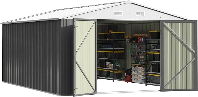 Patiowell 10x14 FT Outdoor Storage Shed, Large Metal Garden Shed with Lockable Door and Sloping Roof, Outside Steel Utility Tool Sheds for Backyard Lawn Garden Patio, Grey