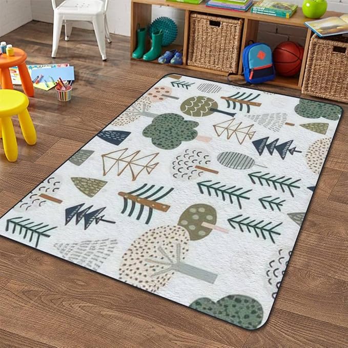 Soft Kids Play Area Rugs 3D Home Woodland Seamless Trendy Forest Texture Abstract Hand Drawn Tree Plush Rugs Non Slip Shaggy Carpets for Kids' Bedroom Classroom Playroom Nursery Décor