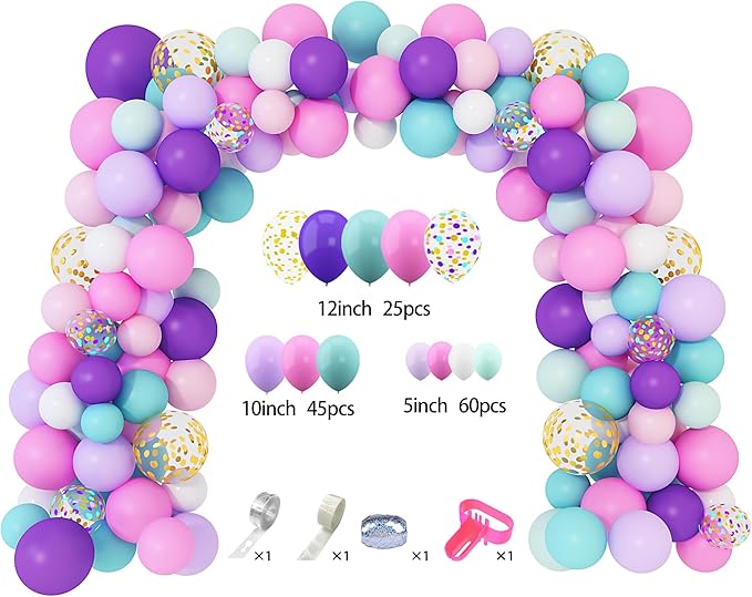 Amandir 134pcs Unicorn Balloons Arch Garland Kit, Unicorn Birthday Party Decorations for Girls Confetti Light Purple Aqua Blue Pink Balloons Set Wedding Baby Shower Party Supplies