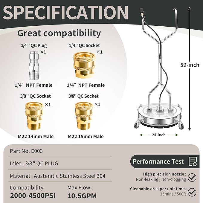 24" Pressure Washer Surface Cleaner with 4 Wheels - Stainless Steel Dual Handle Surface Cleaner for Pressure Washer Attachment for Concrete, Patio, Sidewalk, Deck and Driveways - PWS 24