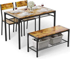 Gizoon 4-Piece Dining Table Set for 4, Kitchen Table with Bench Rustic | Space-saving rustic 4-piece dinette set with metal storage rack. Includes 2 ergonomic chairs and 1 bench. Easy to clean.