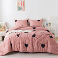 Love Pattern Cameo Brown Comforter Set Full Size, Pink Love Heart Sexy Comforter Bedding Set for All Seasons, Geometric Microfiber 3 Pieces Comforter Set with Pillowshams