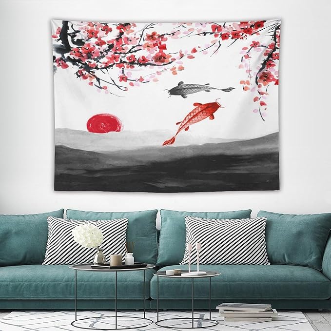 Houselerax Japanese Koi Fish Tapestries, Cherry Blossoms Asian Oriental Flower Branch Koi Fish Carp Tapestry Wall Hanging for Bedroom Living Room Office Decor 80"x60"