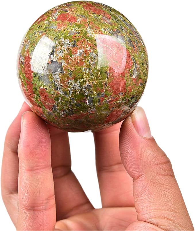 JIC Gem Small Crystal Sphere Ball Natural Unakite Stone Healing Crystal Ball with Decoation Stand for Fengshui Meditation Decoation (60-70mm)