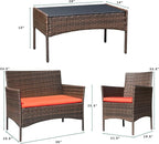 Greesum Patio Furniture 4 Pieces Conversation Sets Outdoor Wicker Rattan Chairs Garden Backyard Balcony Porch Poolside loveseat with Soft Cushion and Glass Table, Brown and Red