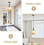 KCO Modern Brushed Gold Mini 5.1” Cylinder Amber Ribbed Glass Pendant Light | E26 Bulb Hardwired, Adjustable Cord Mid Century Vintage Brass Hanging Ceiling Lamp for Sloped Ceiling Kitchen Dining Room Bar