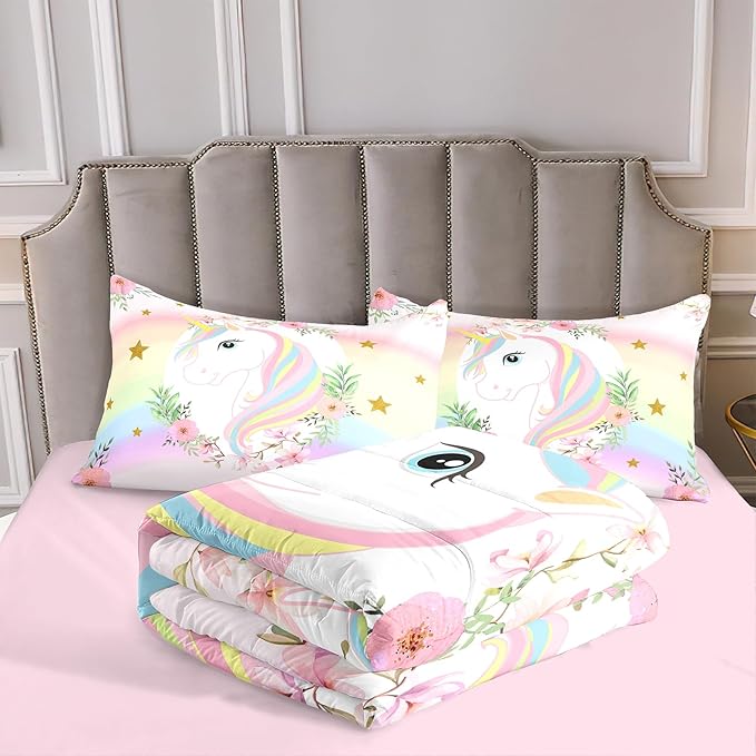 Kids Comforter Bedding Set 3 Piece Super Soft Breathable Print Kids Bedding Sets for Girls, Machine Washable Durable Comforter Set with Comforter, 2 Pillowcases Flowers Stars (Twin,Unicorn)