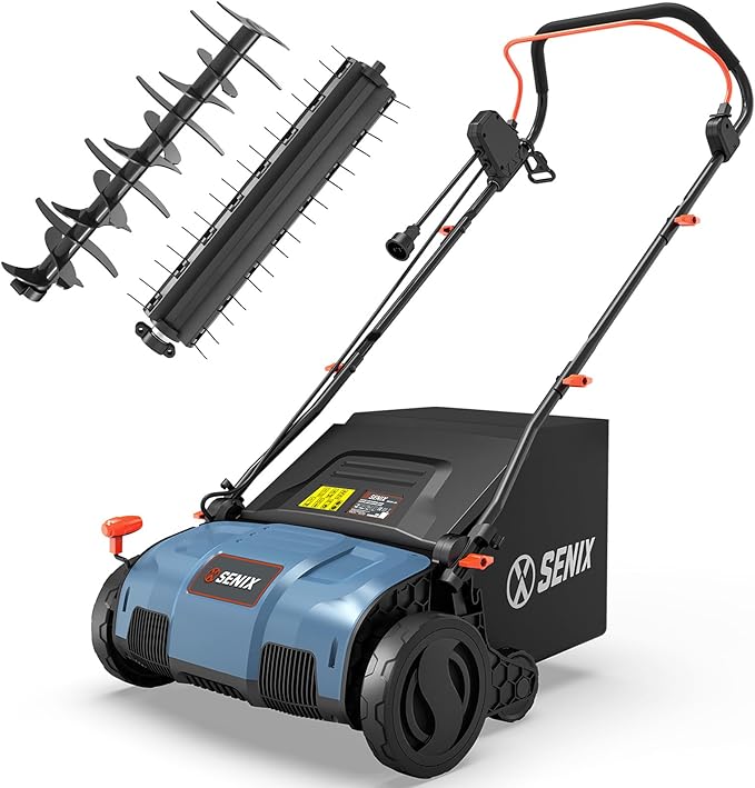 SENIX 13 Amp 15-Inch 2-in-1 Electric Dethatcher and Scarifier with 13.2-Gal Collection Bag,4-Position Depth Adjustment,Walk Behind for Lawn Garden Care Removing Thatch,Quick-Fold(SCE13-M)