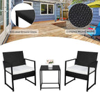 Outvita 3PCS Rattan Conversation Set, Outdoor Wicker Furniture Bistro Set 2 Chairs and Glass Top Table for Small Balcony Backyard Patio(Black)