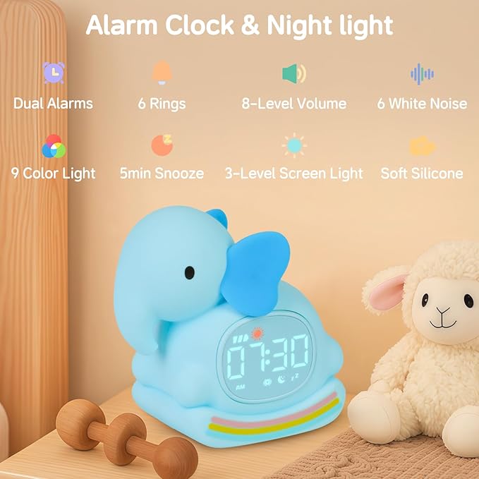Alarm Clock for Kids with Night Light, Sleep Training Clock Time to Wake Clock, Rechargeable Silicone Light for Bedroom, Perfect Sleep Companion for Boys Girls，Blue Elephant