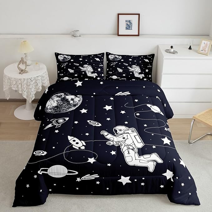 Feelyou Solar System Comforter Set King Size Outer Space Comforter for Kids Teens Adults Universe Planets Bedding Set Cute Astronaut Blue White Duvet Set Room Decor 3Pcs with 2 Pillow Case