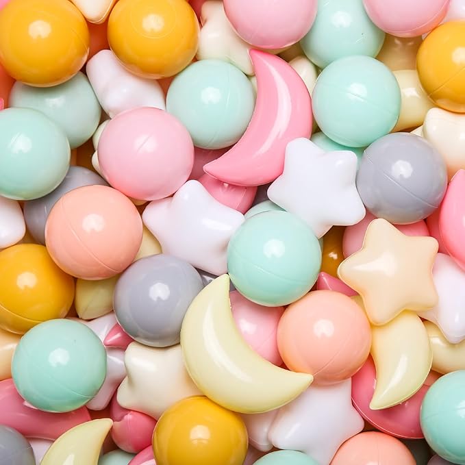 GOGOSO Ball Pit Balls Stars Moon Shapes Plastic Pitballs for Toddler Play Tent Baby Photo Props Kids Pool Water Toys Kiddie Pool Party Decor, Cream Mix 7 Colors,100PCS