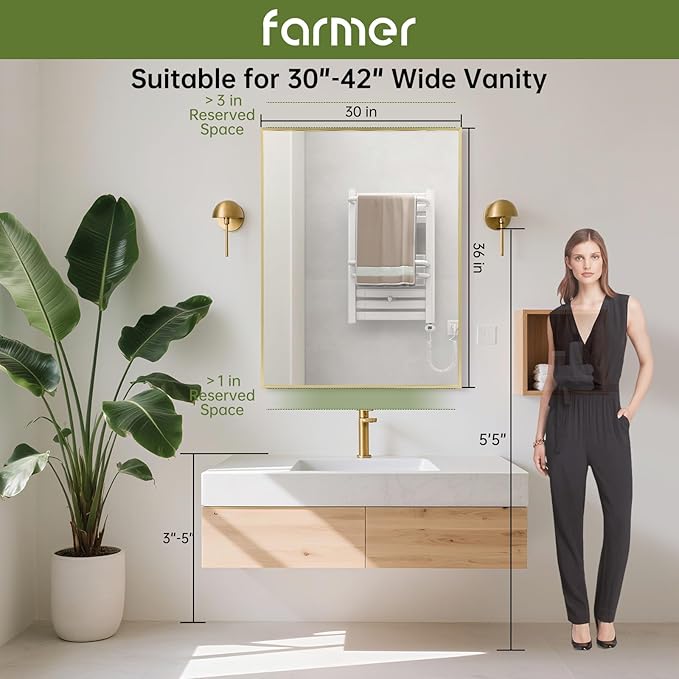 FARMER 30x36 Inch Gold Bathroom Mirror, Rectangle Wall Mounted Mirror, Vanity Mirror, Brushed Square Mirror, Framed Bathroom Mirror for Bedrooms, Entryways, Living Rooms, Horizontal/Vertical