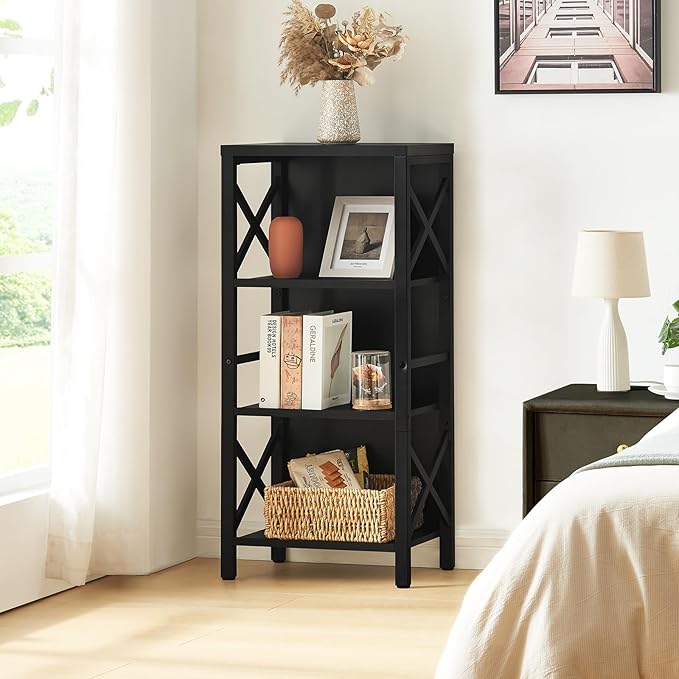 Bookcase, Industrial Small Bookshelf,4-Tier Narrow Bookcase Storage Organizer, Small Book Shelf for Small Spaces, Living Room, Bedroom and Home Office, Black